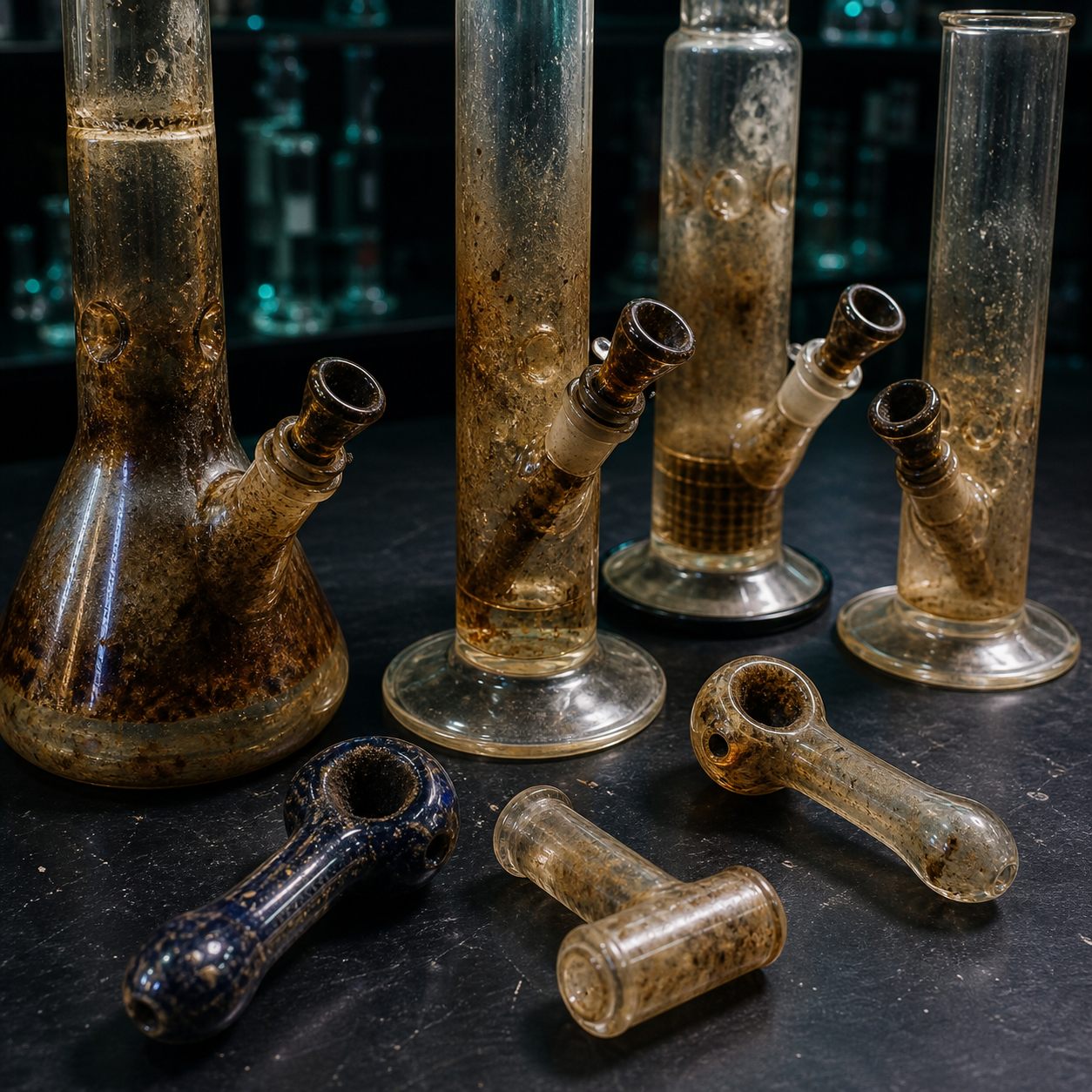 Dirty glass bongs and pipes before cleaning